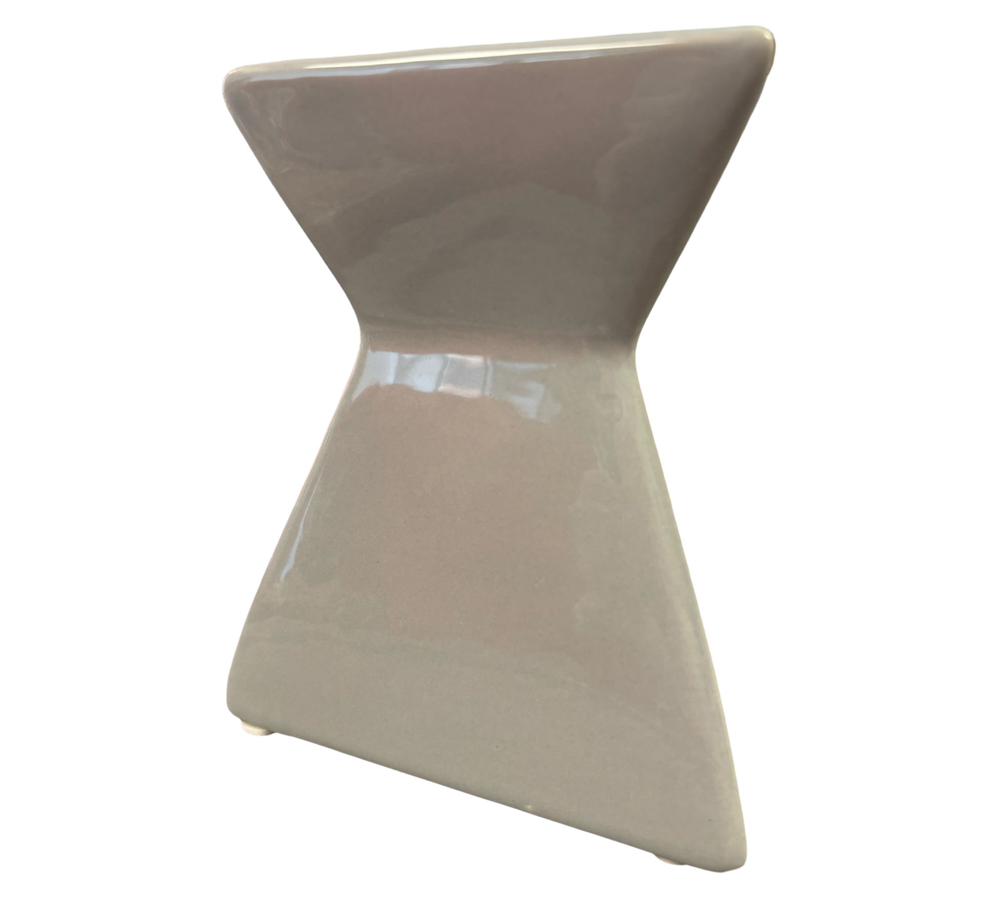 A ceramic hourglass-shaped vase with a glossy finish, designed as a Triangle Grey Gloss Wax Melt & Oil Warmer, isolated on a black background by The Soap Gal x.