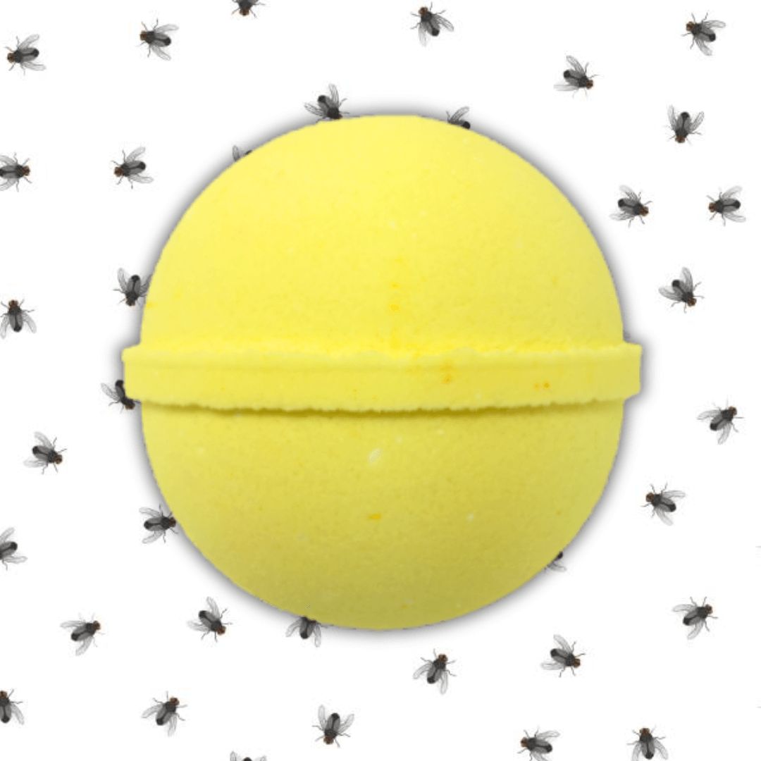 A luxurious Citronella Bath Bomb by The Soap Gal x, designed to offer a premium bathing experience, is centered against a background of small, detailed fly illustrations evenly spaced behind it.